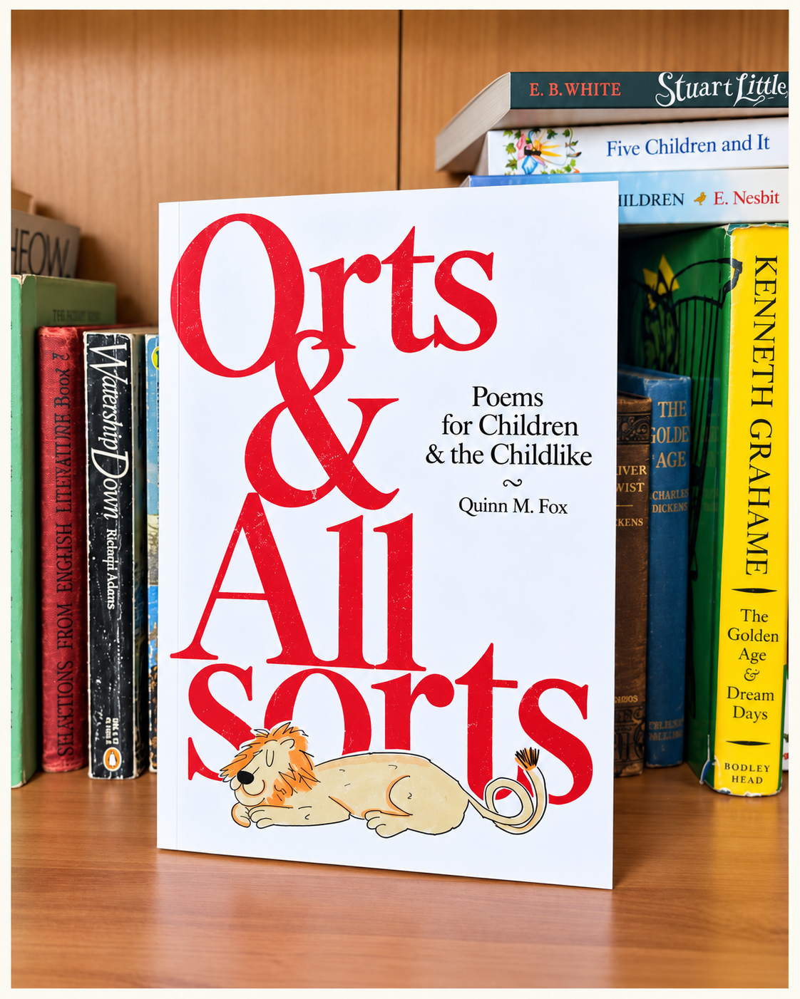 Orts & Allsorts displayed on a bookshelf.